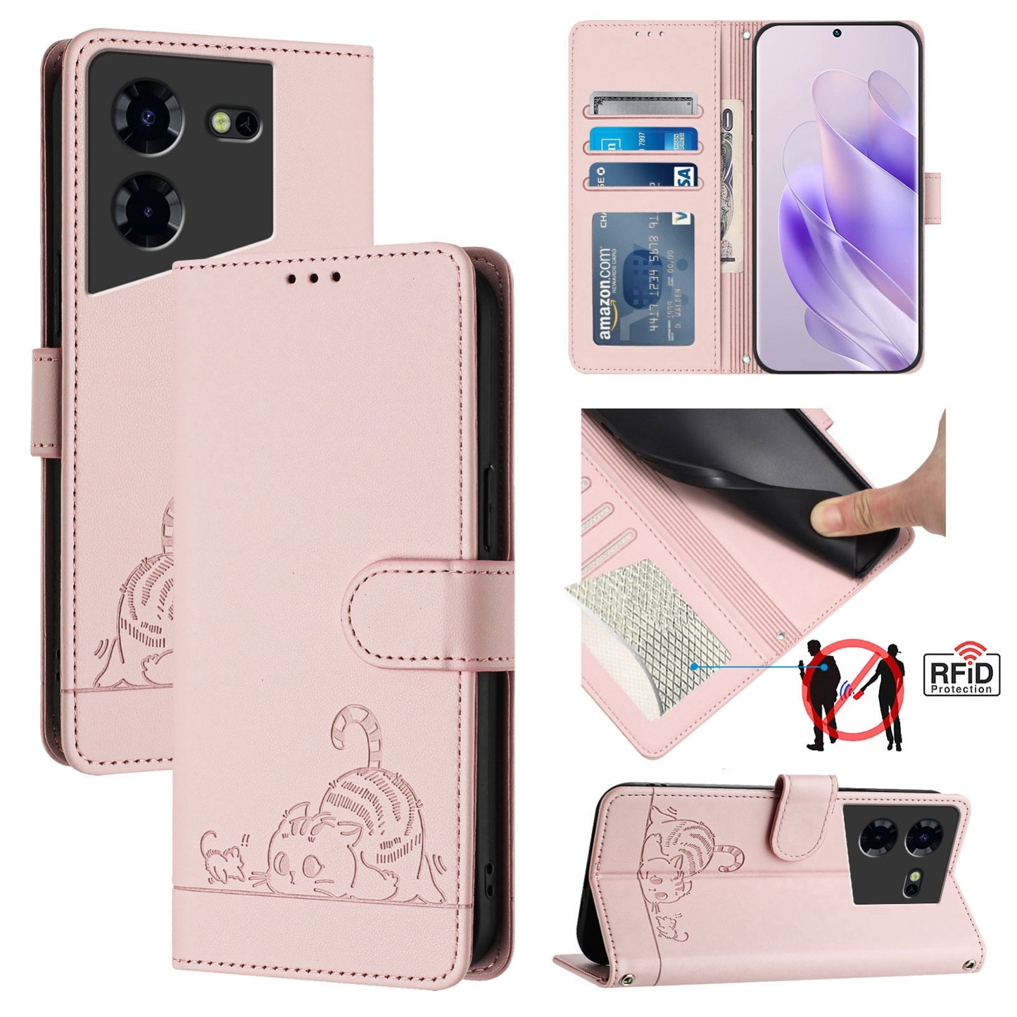 Tecno Pova 5 4G Cat and Mouse Embossed PU Leather RFID Case with Wallet Slots, Anti-Fall Protection, Kickstand, and Lanyard-buycases.co.uk