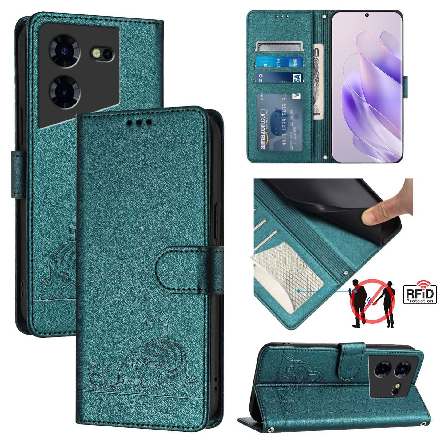Tecno Pova 5 4G Cat and Mouse Embossed PU Leather RFID Case with Wallet Slots, Anti-Fall Protection, Kickstand, and Lanyard-buycases.co.uk