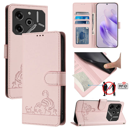 Tecno Pova 6 Pro li9 Cat and Mouse Embossed PU Leather RFID Case with Wallet Slots, Anti-Fall Protection, Kickstand, and Lanyard-buycases.co.uk