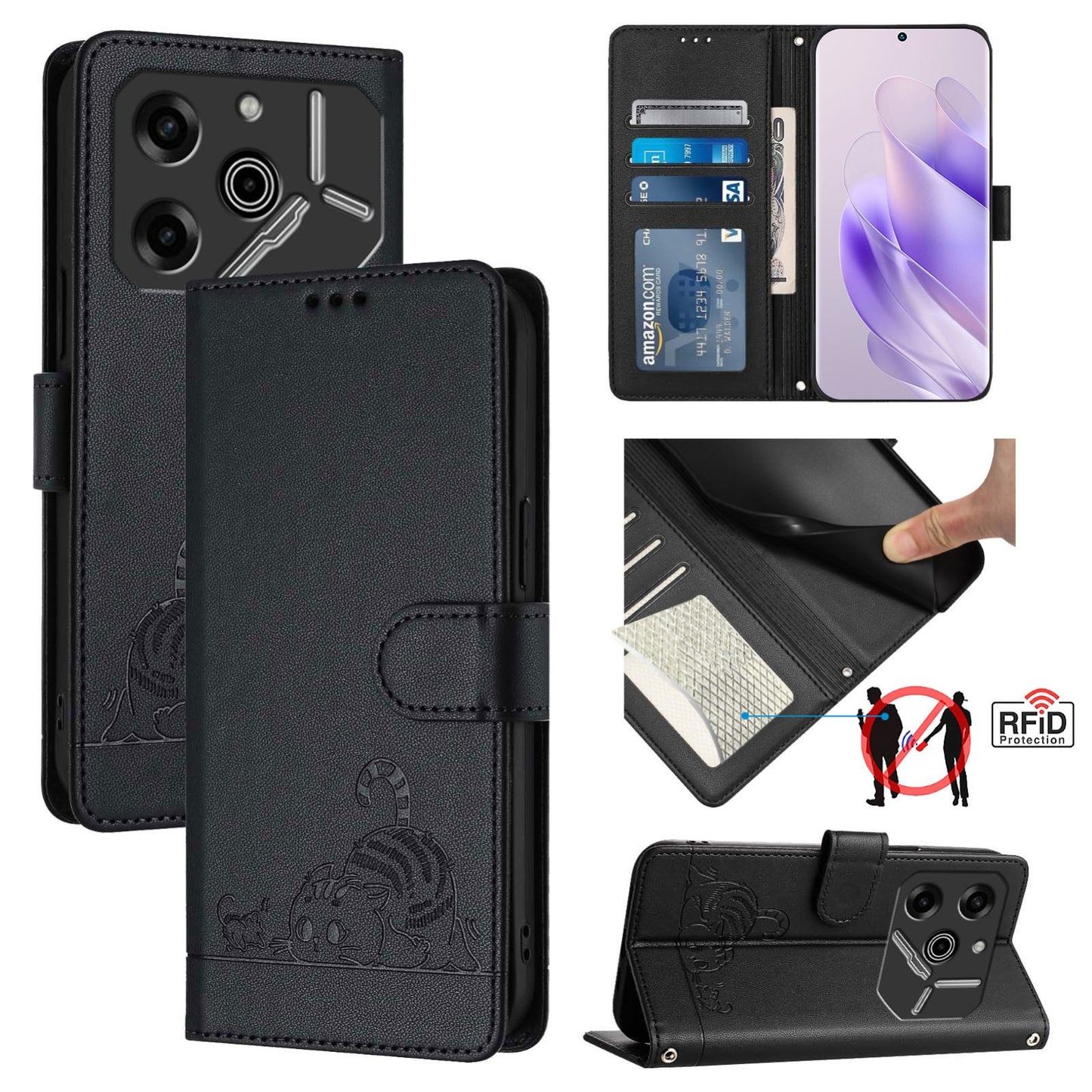 Tecno Pova 6 Pro li9 Cat and Mouse Embossed PU Leather RFID Case with Wallet Slots, Anti-Fall Protection, Kickstand, and Lanyard-buycases.co.uk