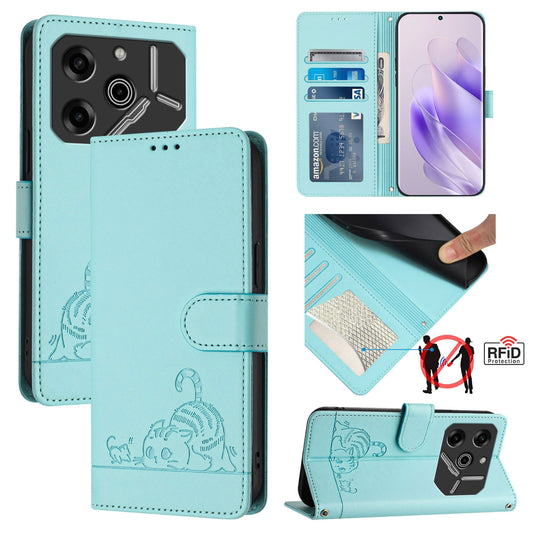 Tecno Pova 6 5G Cat and Mouse Embossed PU Leather RFID Case with Wallet Slots, Anti-Fall Protection, Kickstand, and Lanyard-buycases.co.uk