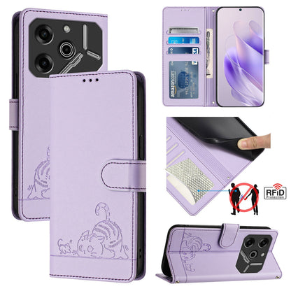 Tecno Pova 6 5G Cat and Mouse Embossed PU Leather RFID Case with Wallet Slots, Anti-Fall Protection, Kickstand, and Lanyard-buycases.co.uk