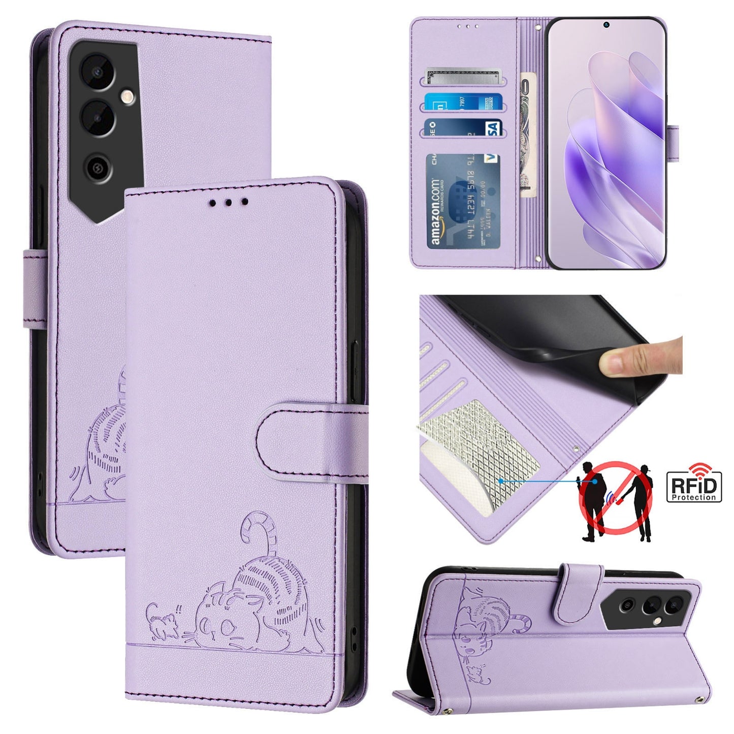 Tecno Pova NEO 2 Cat and Mouse Embossed PU Leather RFID Case with Wallet Slots, Anti-Fall Protection, Kickstand, and Lanyard-buycases.co.uk