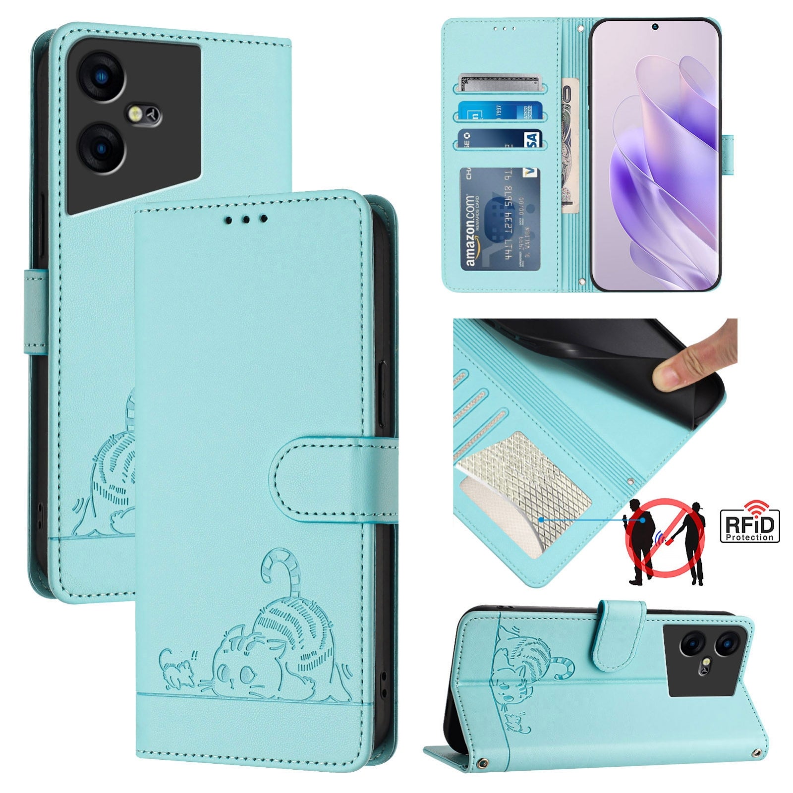 Tecno Pova Neo 3 Cat and Mouse Embossed PU Leather RFID Case with Wallet Slots, Anti-Fall Protection, Kickstand, and Lanyard-buycases.co.uk
