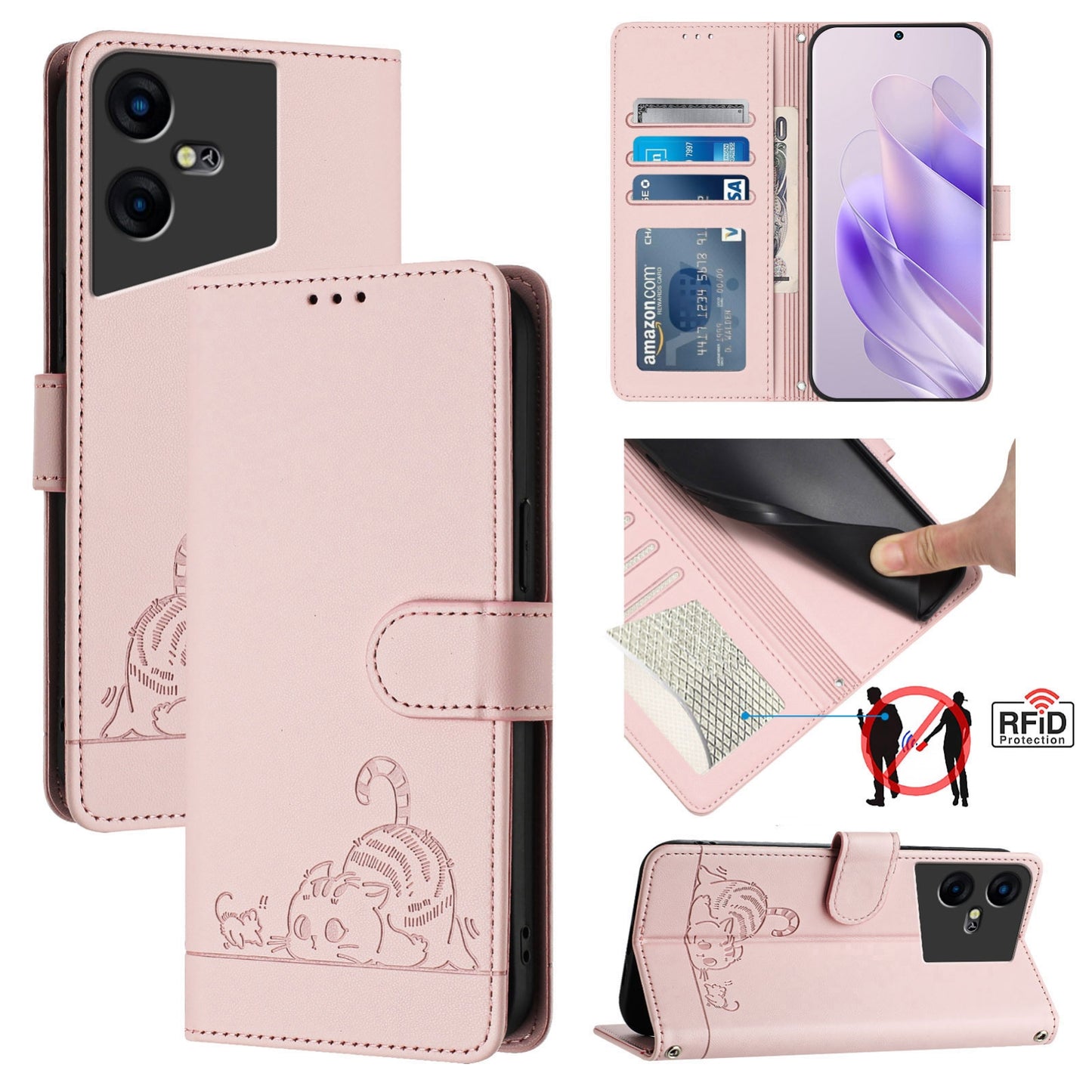Tecno Pova Neo 3 Cat and Mouse Embossed PU Leather RFID Case with Wallet Slots, Anti-Fall Protection, Kickstand, and Lanyard-buycases.co.uk