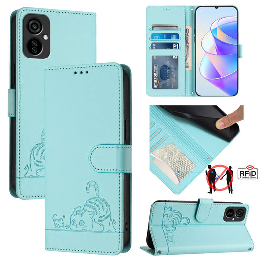 Tecno Spark 9T Cat and Mouse Embossed PU Leather RFID Case with Wallet Slots, Anti-Fall Protection, Kickstand, and Lanyard-buycases.co.uk
