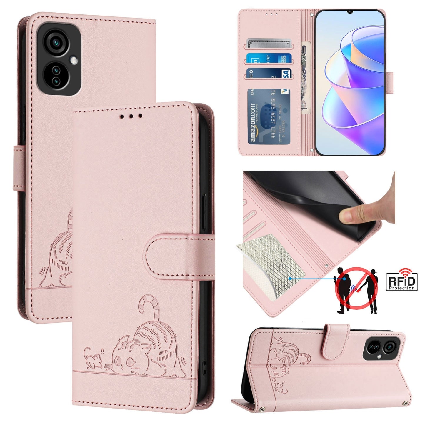 Tecno Spark 9T Cat and Mouse Embossed PU Leather RFID Case with Wallet Slots, Anti-Fall Protection, Kickstand, and Lanyard-buycases.co.uk