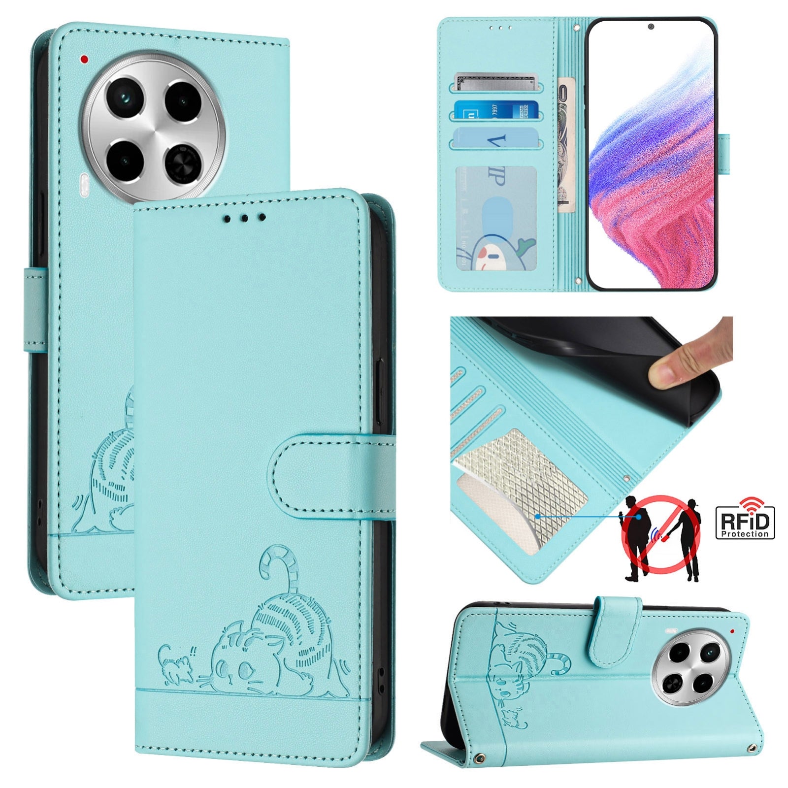 Tecno Camon 30 5G Cat and Mouse Embossed PU Leather RFID Case with Wallet Slots, Anti-Fall Protection, Kickstand, and Lanyard-buycases.co.uk