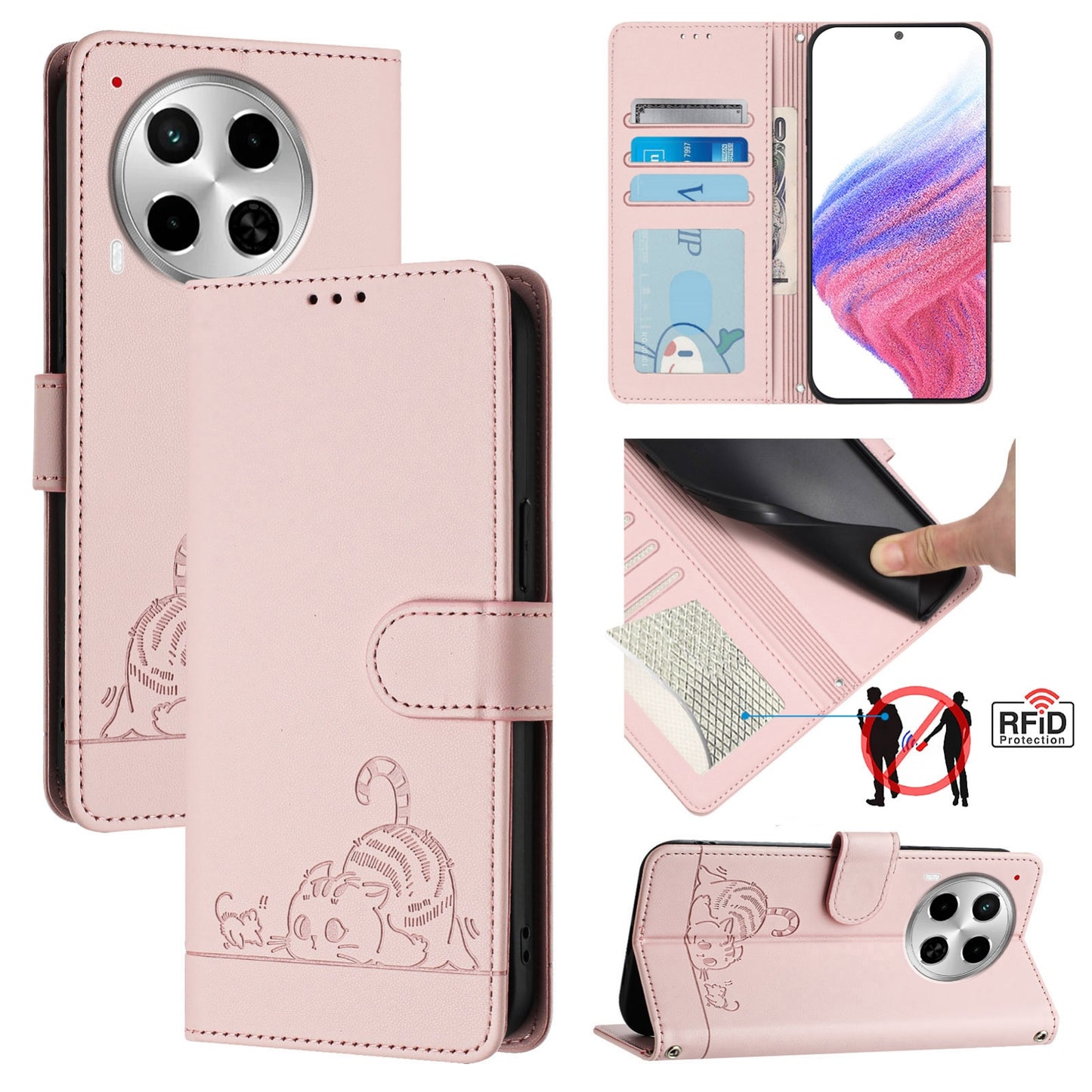 Tecno Camon 30 5G Cat and Mouse Embossed PU Leather RFID Case with Wallet Slots, Anti-Fall Protection, Kickstand, and Lanyard-buycases.co.uk