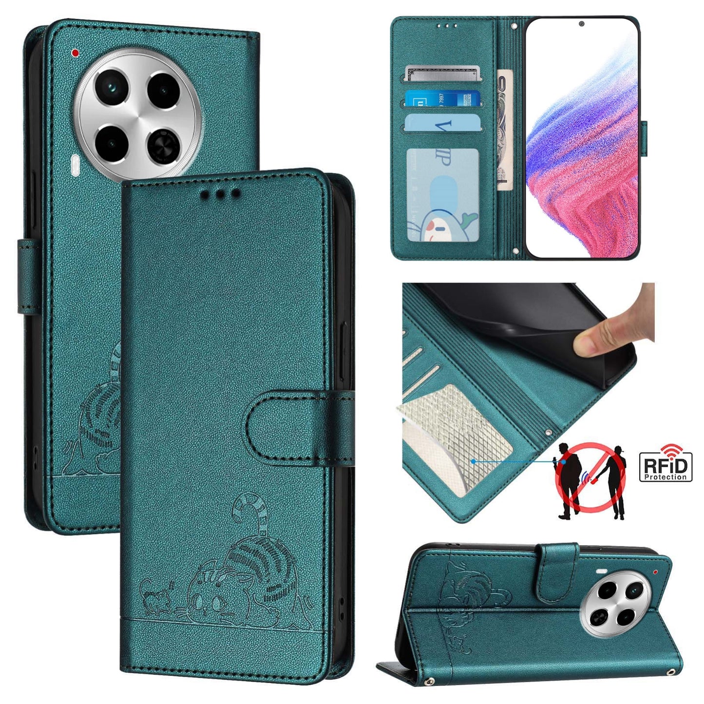 Tecno Camon 30 5G Cat and Mouse Embossed PU Leather RFID Case with Wallet Slots, Anti-Fall Protection, Kickstand, and Lanyard-buycases.co.uk