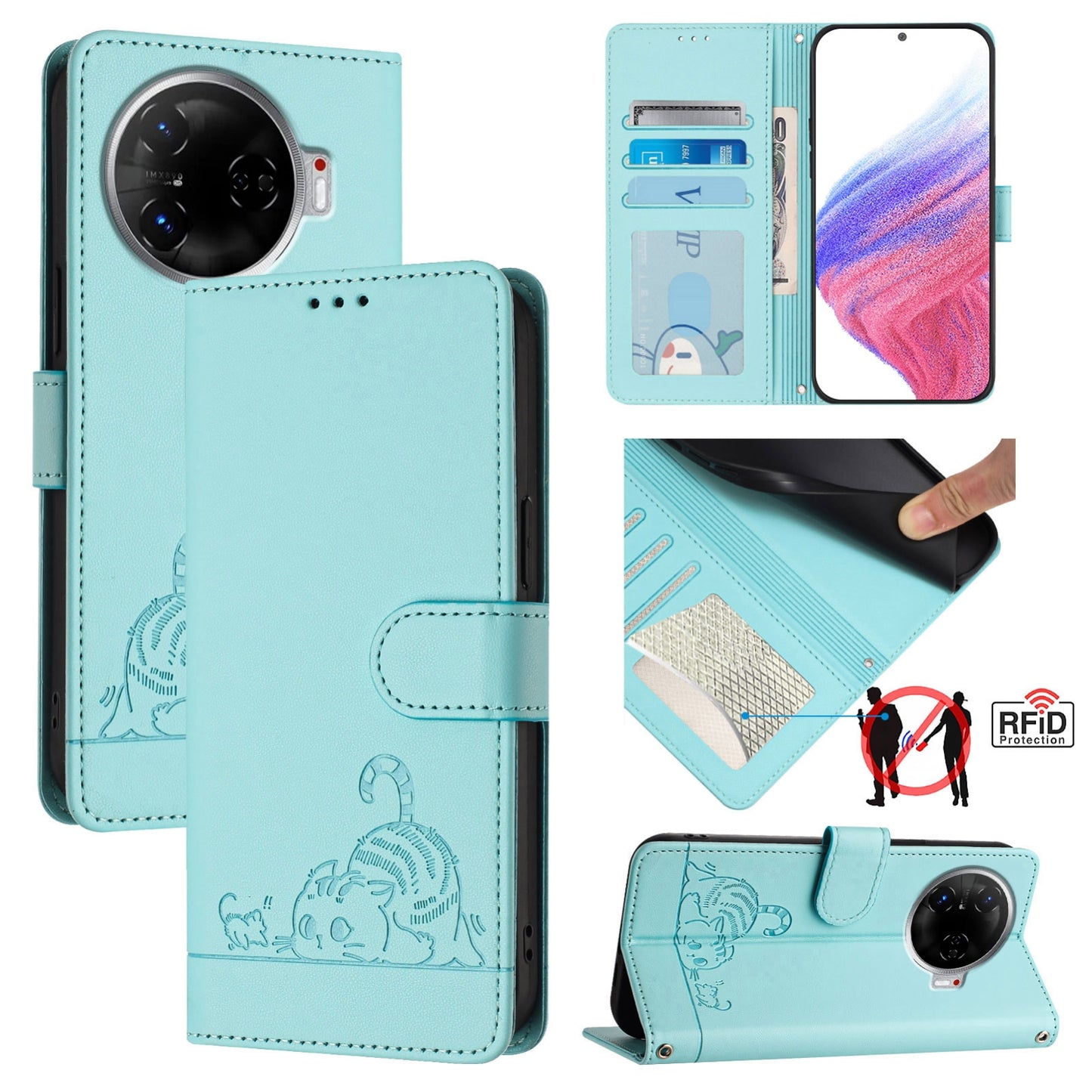 Tecno Camon 30 Pro 5G Cat and Mouse Embossed PU Leather RFID Case with Wallet Slots, Anti-Fall Protection, Kickstand, and Lanyard-buycases.co.uk
