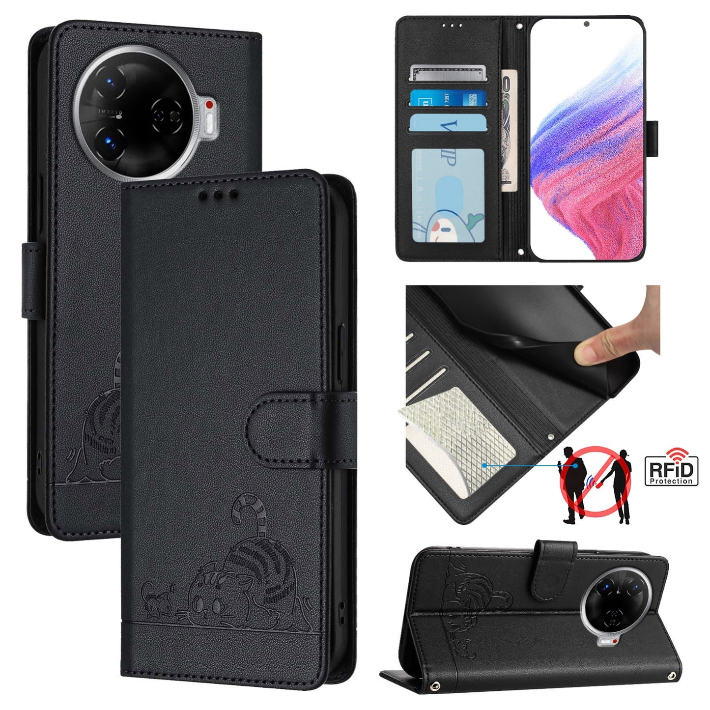 Tecno Camon 30 Pro 5G Cat and Mouse Embossed PU Leather RFID Case with Wallet Slots, Anti-Fall Protection, Kickstand, and Lanyard-buycases.co.uk