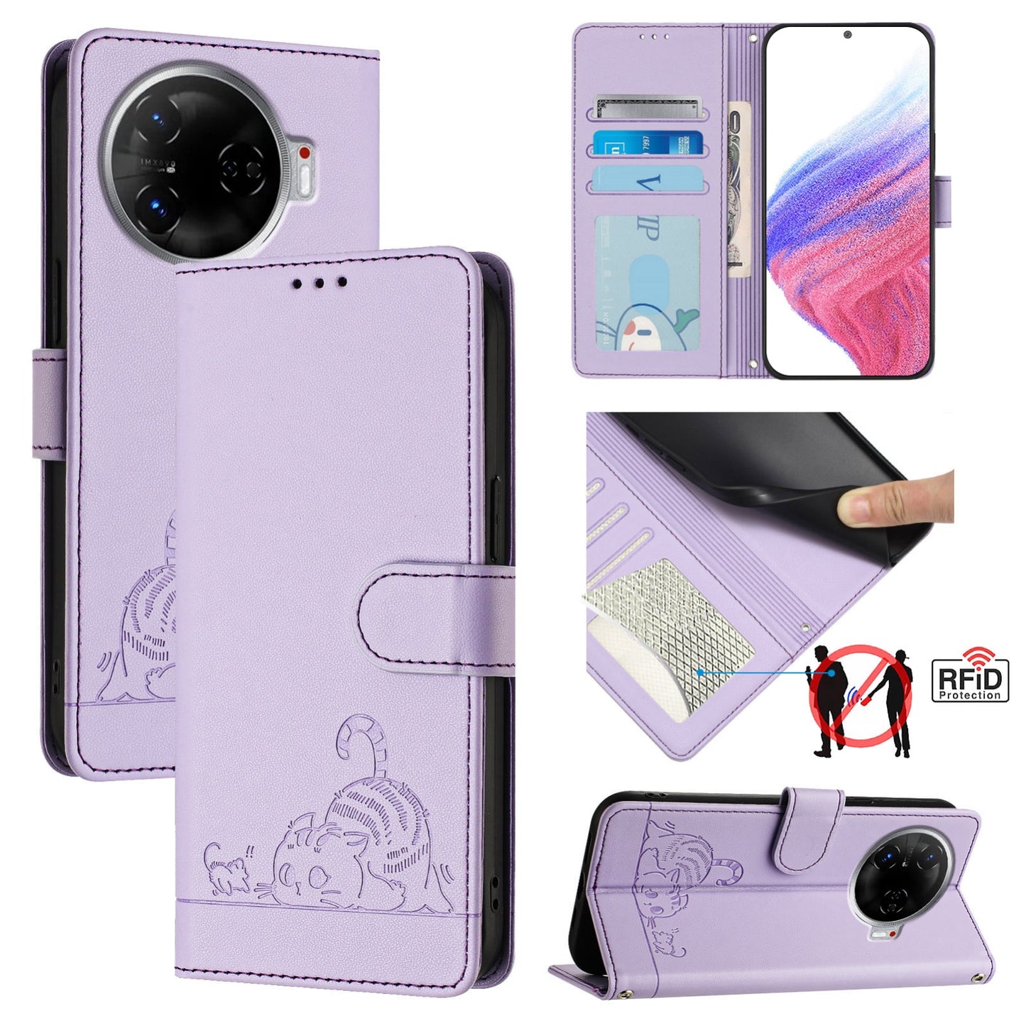 Tecno Camon 30 Pro 5G Cat and Mouse Embossed PU Leather RFID Case with Wallet Slots, Anti-Fall Protection, Kickstand, and Lanyard-buycases.co.uk