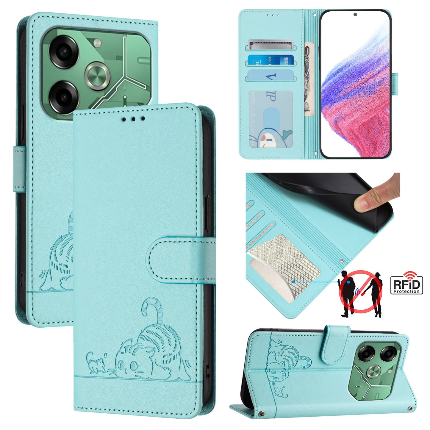Tecno Pova 6 4G Cat and Mouse Embossed PU Leather RFID Case with Wallet Slots, Anti-Fall Protection, Kickstand, and Lanyard-buycases.co.uk