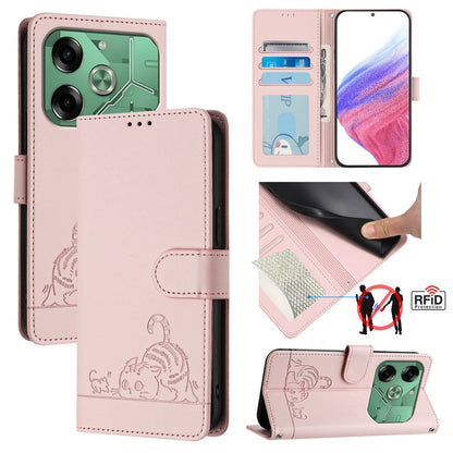 Tecno Pova 6 4G Cat and Mouse Embossed PU Leather RFID Case with Wallet Slots, Anti-Fall Protection, Kickstand, and Lanyard-buycases.co.uk