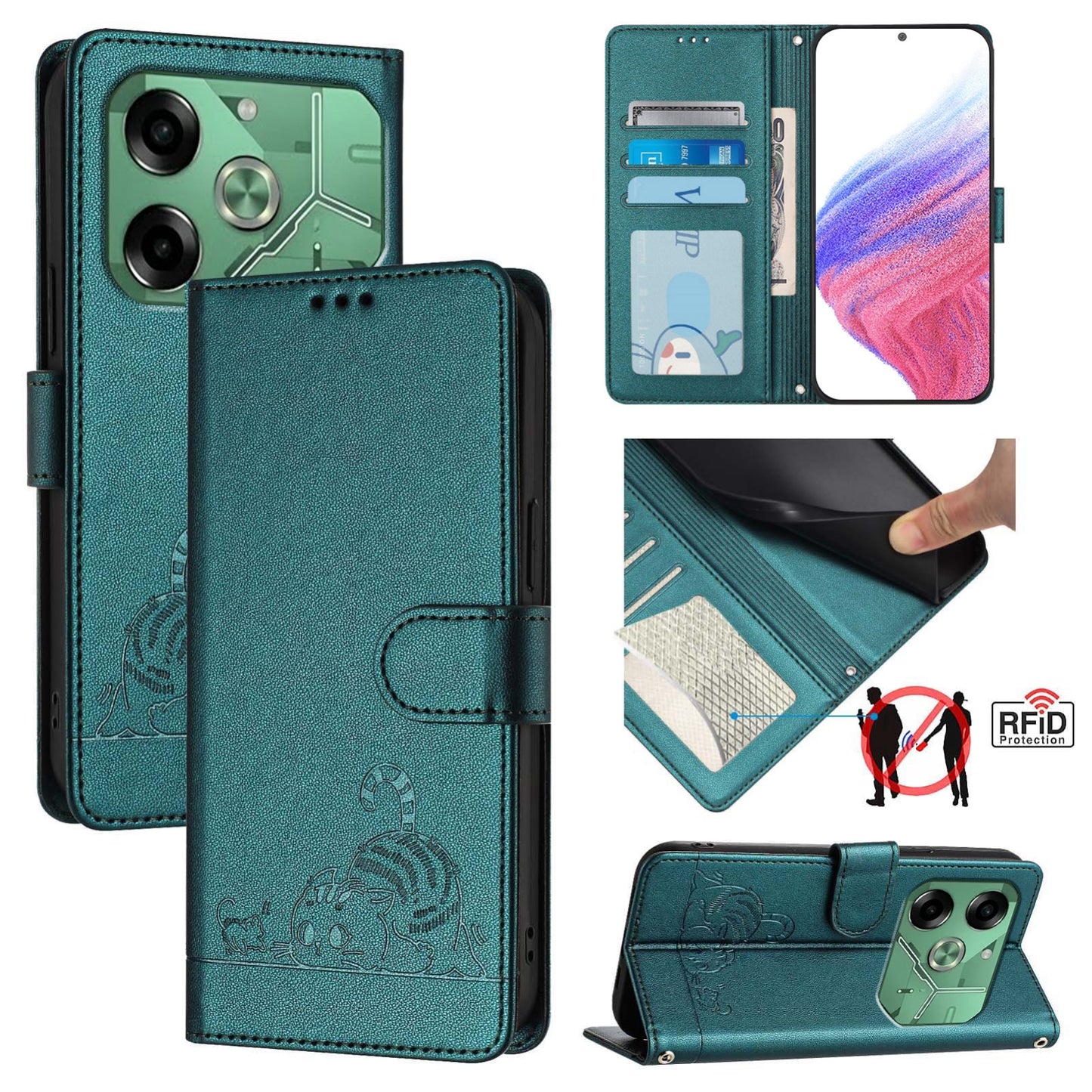 Tecno Pova 6 4G Cat and Mouse Embossed PU Leather RFID Case with Wallet Slots, Anti-Fall Protection, Kickstand, and Lanyard-buycases.co.uk