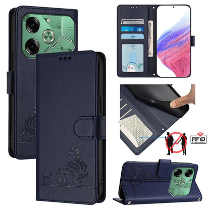 Tecno Pova 6 4G Cat and Mouse Embossed PU Leather RFID Case with Wallet Slots, Anti-Fall Protection, Kickstand, and Lanyard-buycases.co.uk
