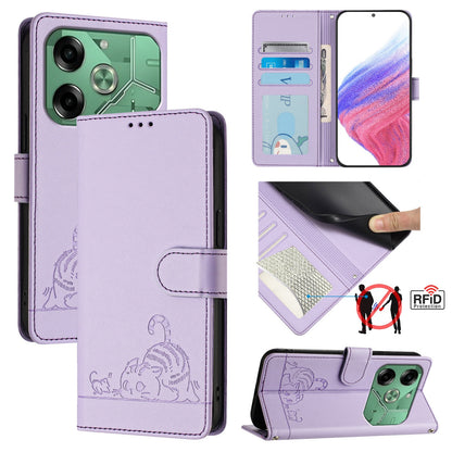 Tecno Pova 6 4G Cat and Mouse Embossed PU Leather RFID Case with Wallet Slots, Anti-Fall Protection, Kickstand, and Lanyard-buycases.co.uk