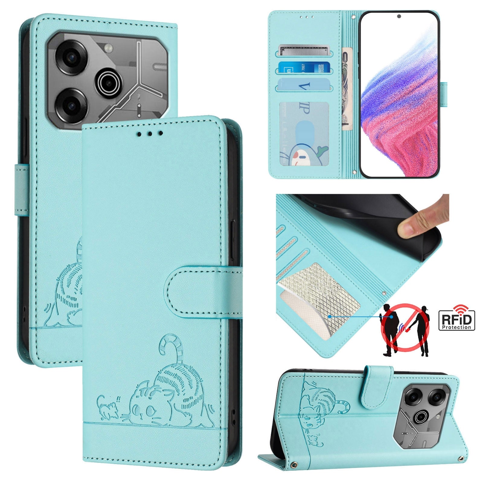 Tecno Pova 6 Neo Cat and Mouse Embossed PU Leather RFID Case with Wallet Slots, Anti-Fall Protection, Kickstand, and Lanyard-buycases.co.uk