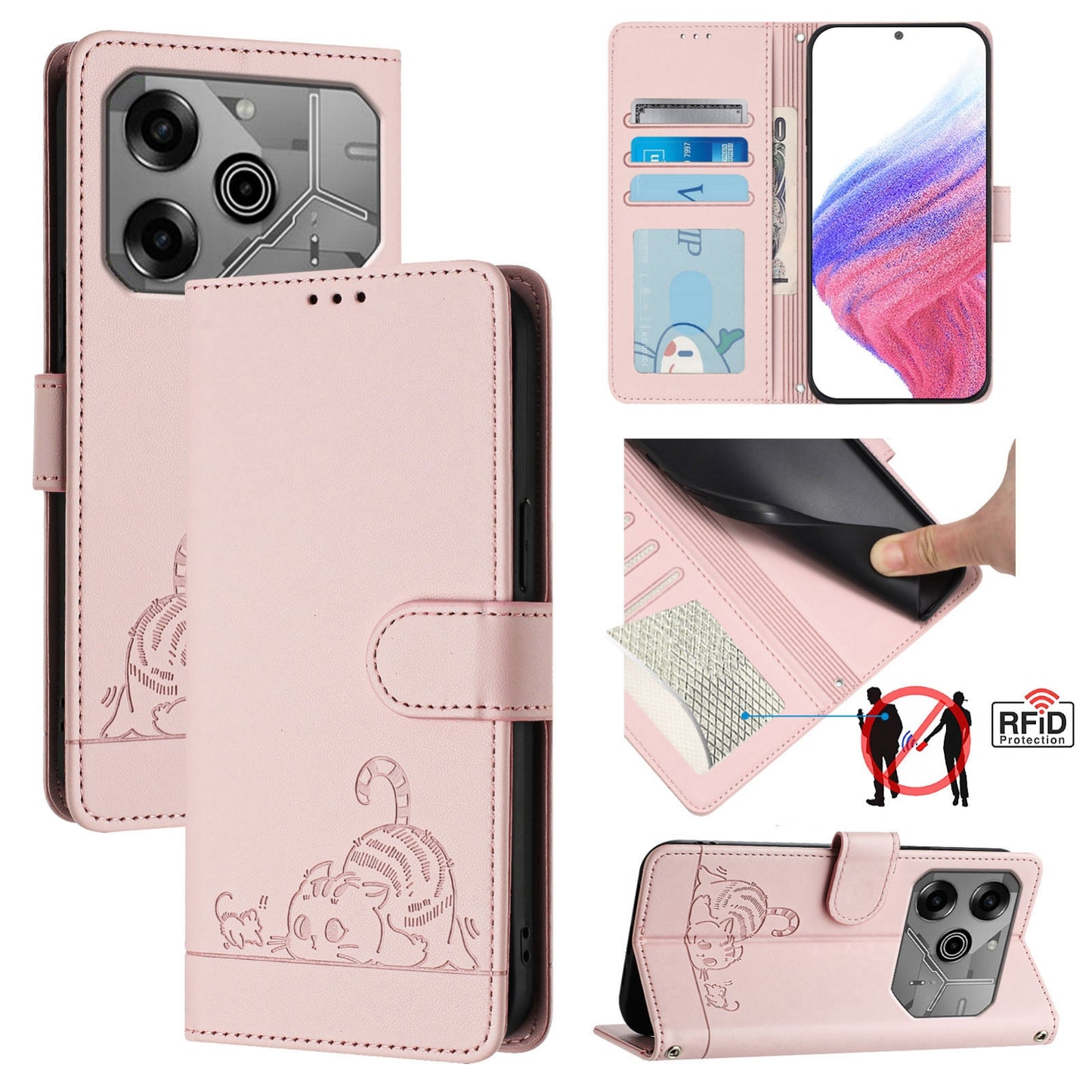 Tecno Pova 6 Neo Cat and Mouse Embossed PU Leather RFID Case with Wallet Slots, Anti-Fall Protection, Kickstand, and Lanyard-buycases.co.uk