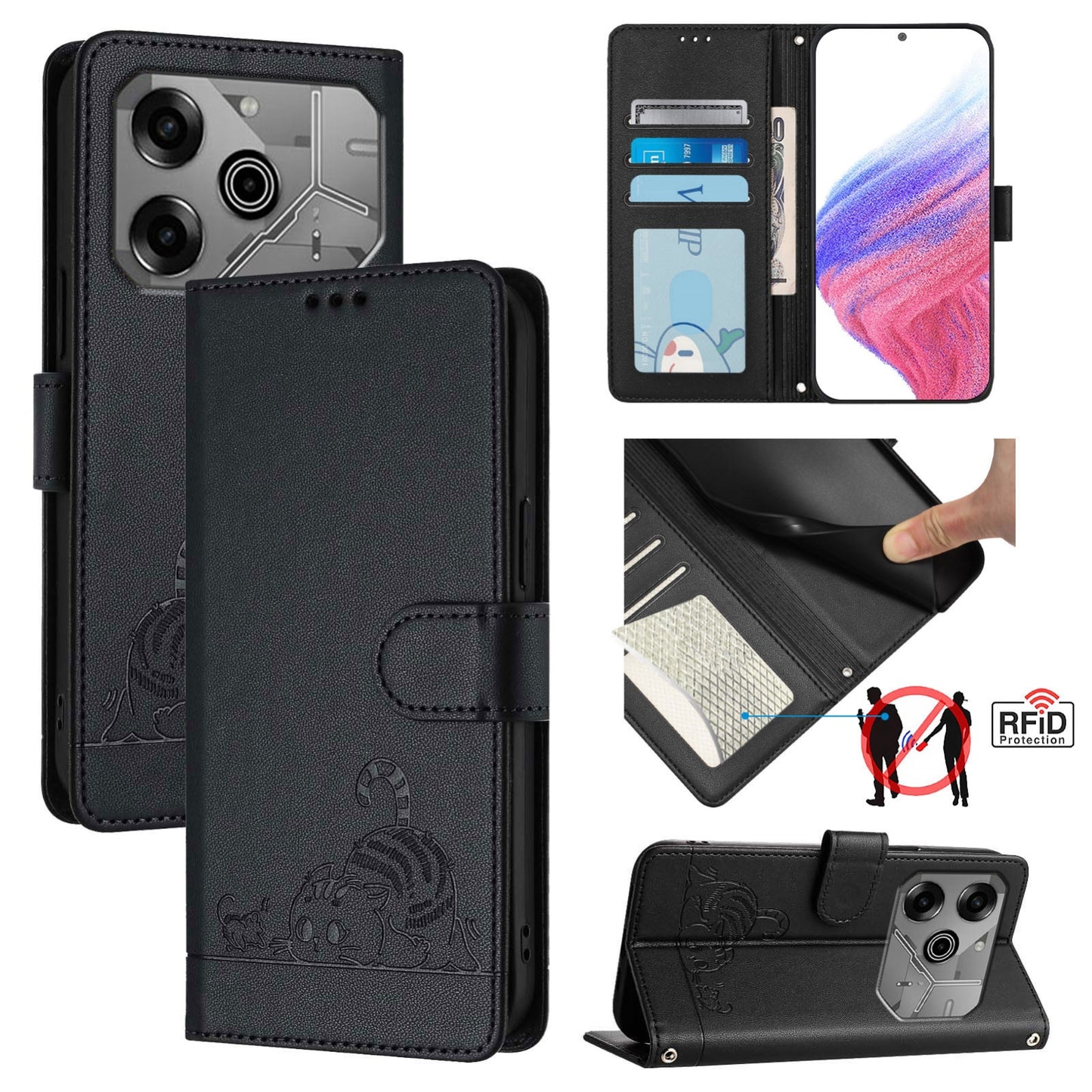 Tecno Pova 6 Neo Cat and Mouse Embossed PU Leather RFID Case with Wallet Slots, Anti-Fall Protection, Kickstand, and Lanyard-buycases.co.uk
