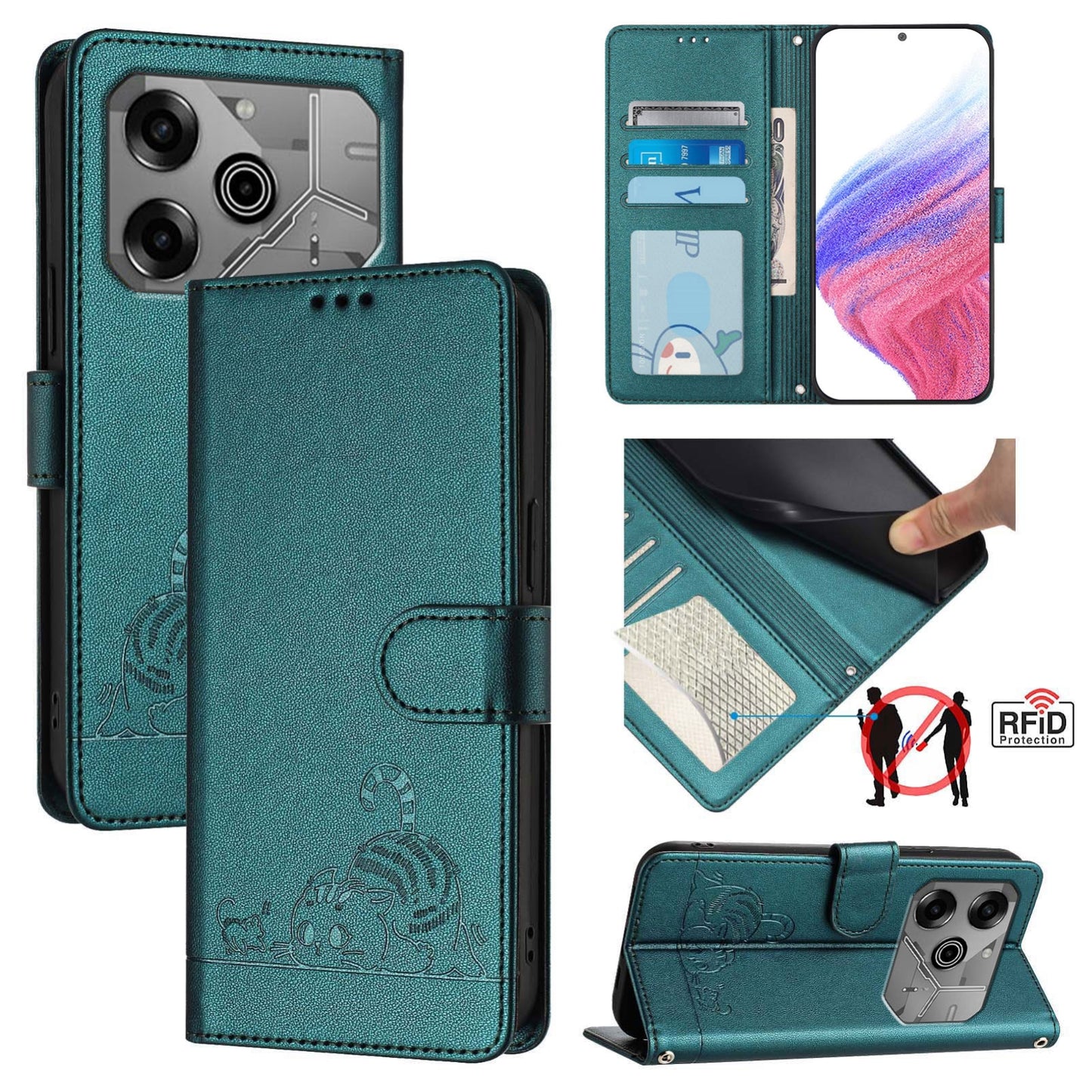 Tecno Pova 6 Neo Cat and Mouse Embossed PU Leather RFID Case with Wallet Slots, Anti-Fall Protection, Kickstand, and Lanyard-buycases.co.uk