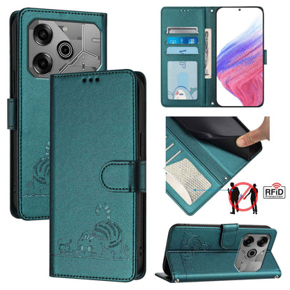 Tecno Pova 6 Neo Cat and Mouse Embossed PU Leather RFID Case with Wallet Slots, Anti-Fall Protection, Kickstand, and Lanyard-buycases.co.uk