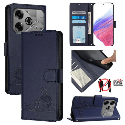 Tecno Pova 6 Neo Cat and Mouse Embossed PU Leather RFID Case with Wallet Slots, Anti-Fall Protection, Kickstand, and Lanyard-buycases.co.uk