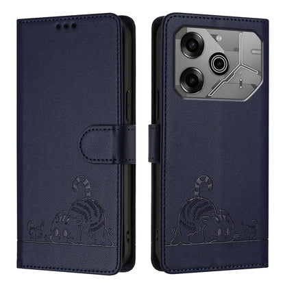 Tecno Pova 6 Neo Cat and Mouse Embossed PU Leather RFID Case with Wallet Slots, Anti-Fall Protection, Kickstand, and Lanyard-buycases.co.uk