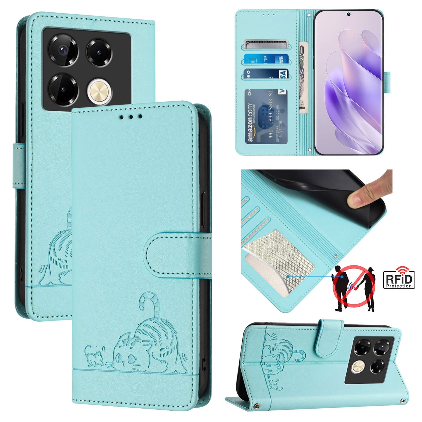 Infinix Note 40 Pro 4G X6850 Cat and Mouse Embossed PU Leather RFID Case with Wallet Slots, Anti-Fall Protection, Kickstand, and Lanyard-buycases.co.uk