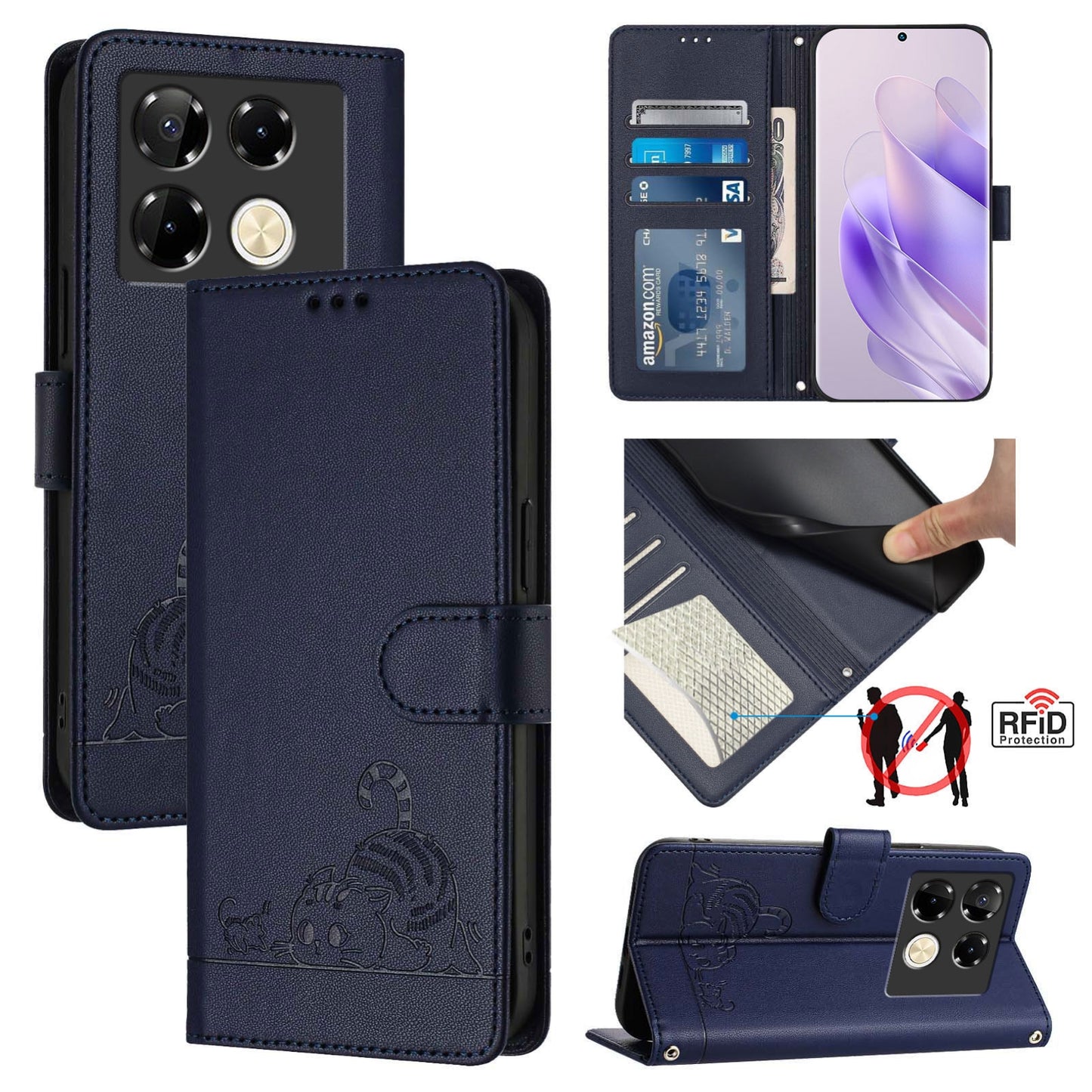 Infinix Note 40 Pro 4G X6850 Cat and Mouse Embossed PU Leather RFID Case with Wallet Slots, Anti-Fall Protection, Kickstand, and Lanyard-buycases.co.uk