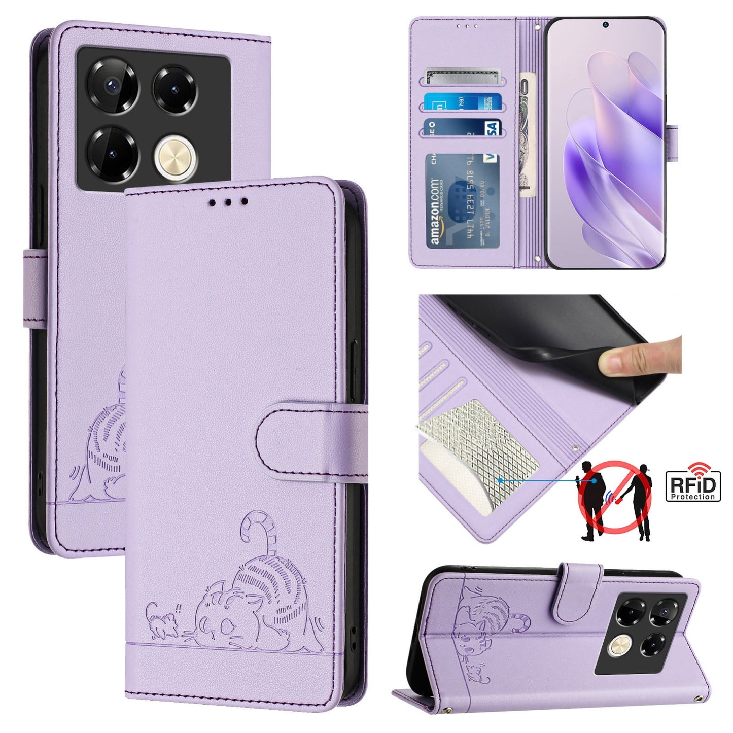 Infinix Note 40 Pro 4G X6850 Cat and Mouse Embossed PU Leather RFID Case with Wallet Slots, Anti-Fall Protection, Kickstand, and Lanyard-buycases.co.uk