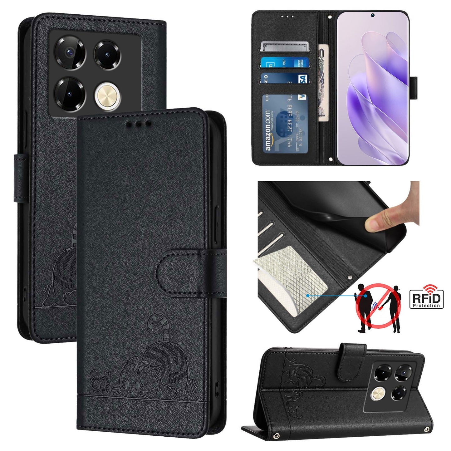 Infinix Note 40 Pro 5G X6851 Cat and Mouse Embossed PU Leather RFID Case with Wallet Slots, Anti-Fall Protection, Kickstand, and Lanyard-buycases.co.uk