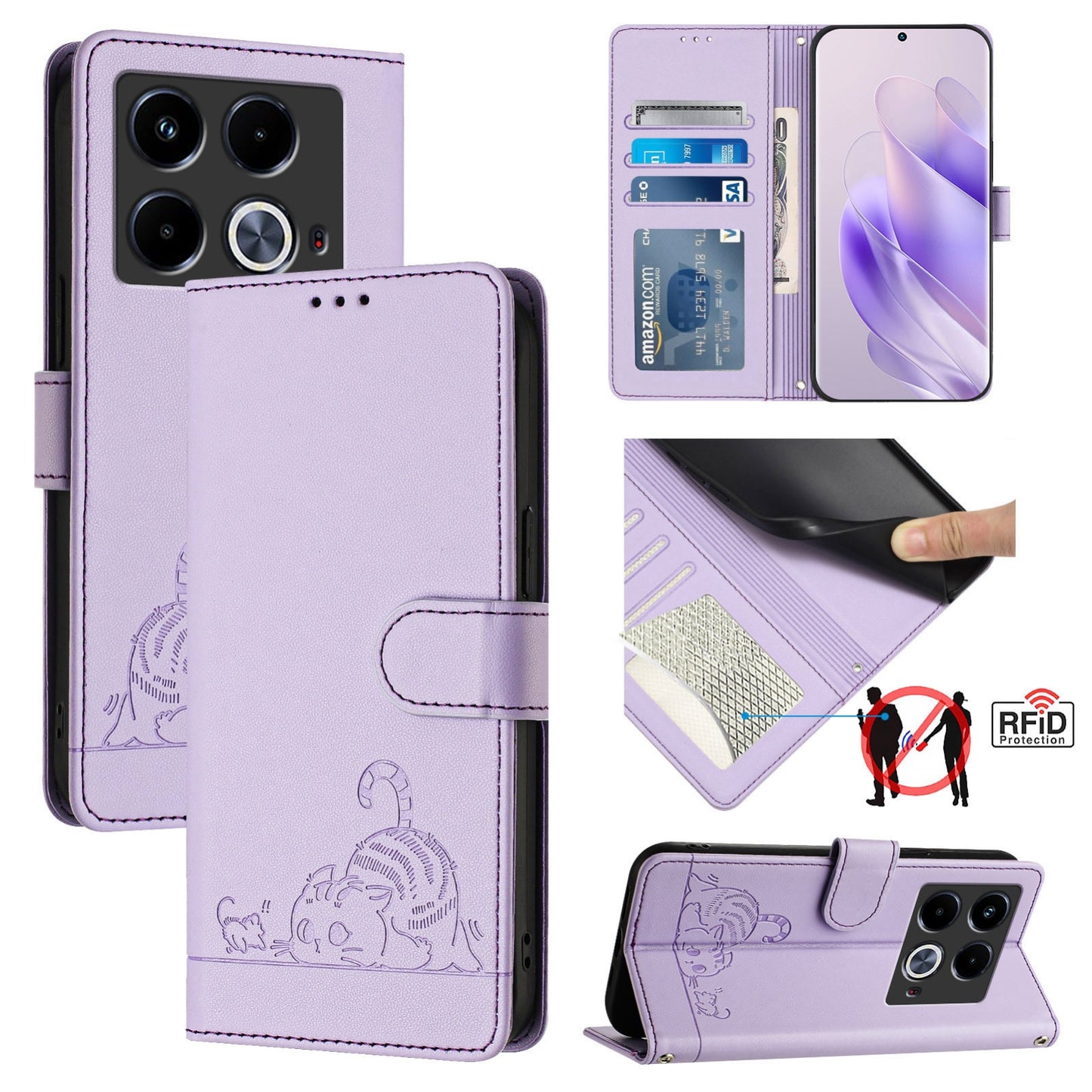 Infinix Note 40 Cat and Mouse Embossed PU Leather RFID Case with Wallet Slots, Anti-Fall Protection, Kickstand, and Lanyard-buycases.co.uk
