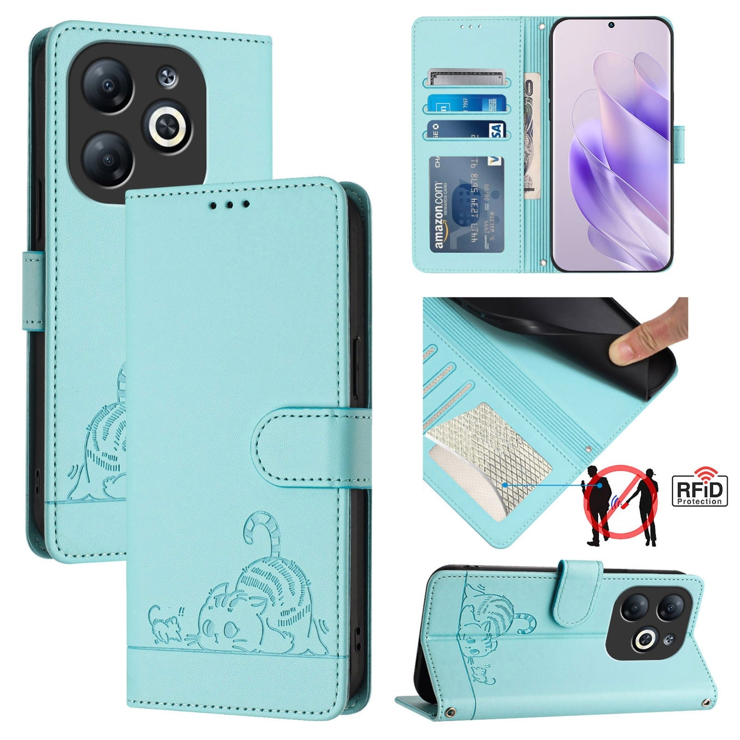 Infinix Smart 8 Cat and Mouse Embossed PU Leather RFID Case with Wallet Slots, Anti-Fall Protection, Kickstand, and Lanyard-buycases.co.uk