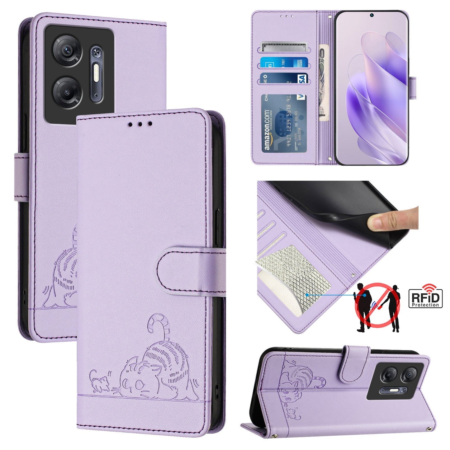 Infinix Hot 30 5G Cat and Mouse Embossed PU Leather RFID Case with Wallet Slots, Anti-Fall Protection, Kickstand, and Lanyard-buycases.co.uk