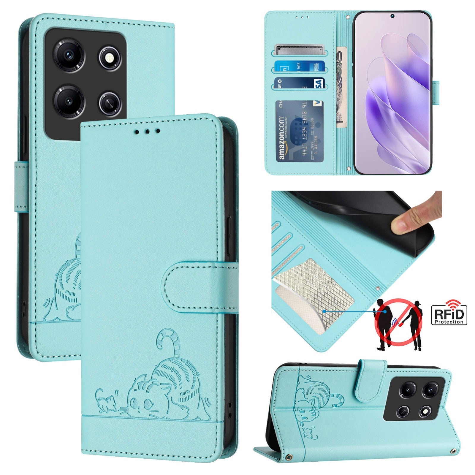 Infinix Note 30I Cat and Mouse Embossed PU Leather RFID Case with Wallet Slots, Anti-Fall Protection, Kickstand, and Lanyard-buycases.co.uk