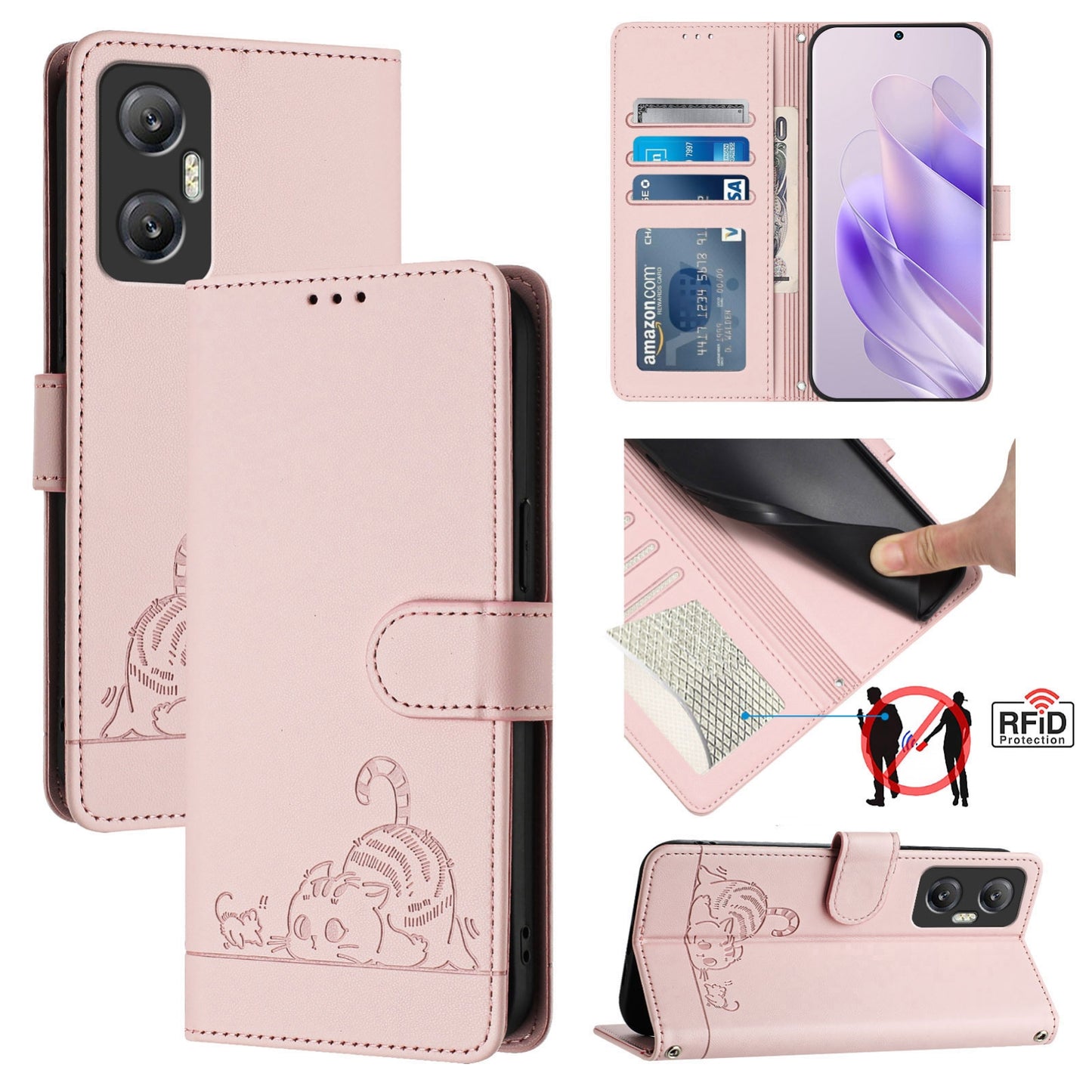 Infinix Hot 20 5G X666 X66B Cat and Mouse Embossed PU Leather RFID Case with Wallet Slots, Anti-Fall Protection, Kickstand, and Lanyard-buycases.co.uk