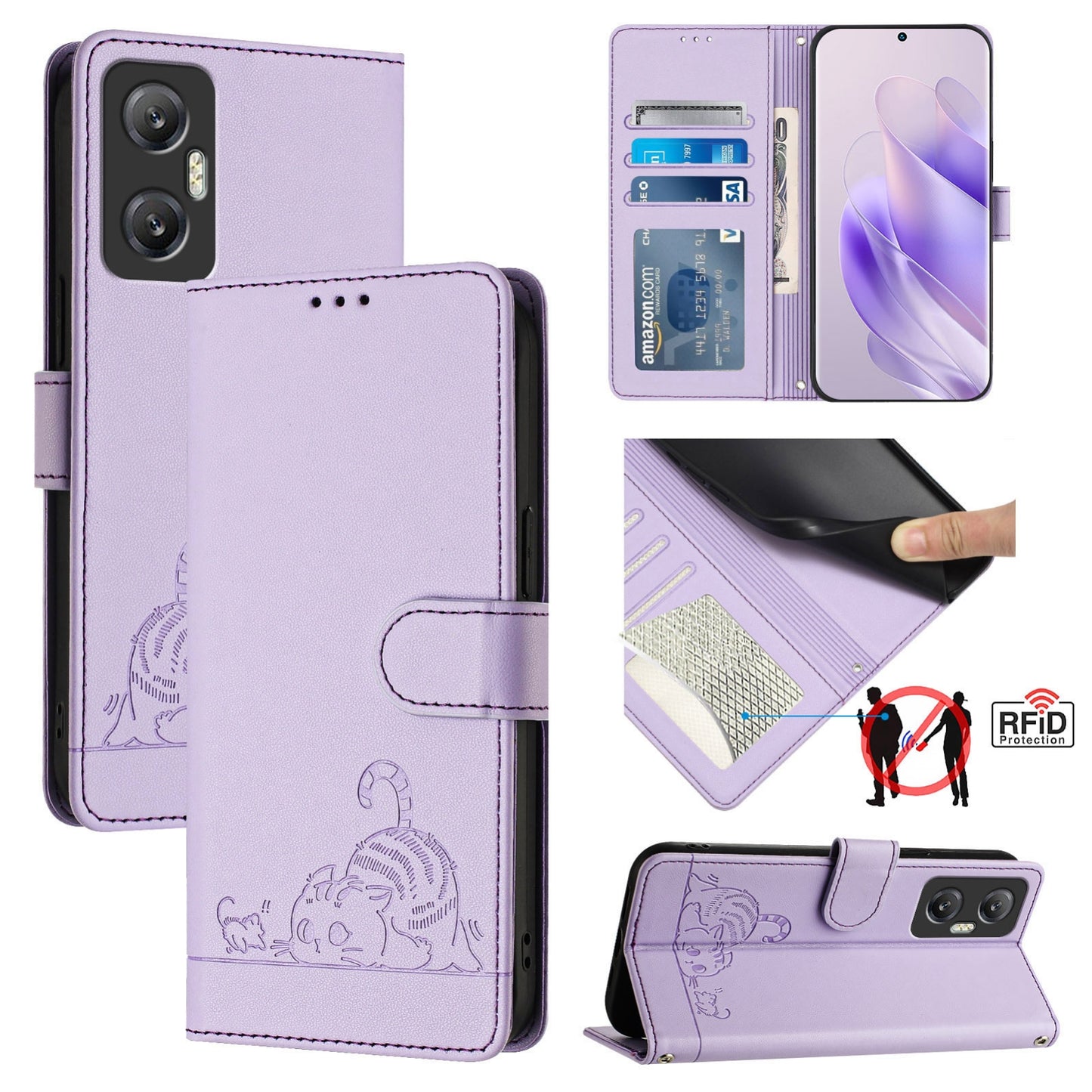 Infinix Hot 20 5G X666 X66B Cat and Mouse Embossed PU Leather RFID Case with Wallet Slots, Anti-Fall Protection, Kickstand, and Lanyard-buycases.co.uk