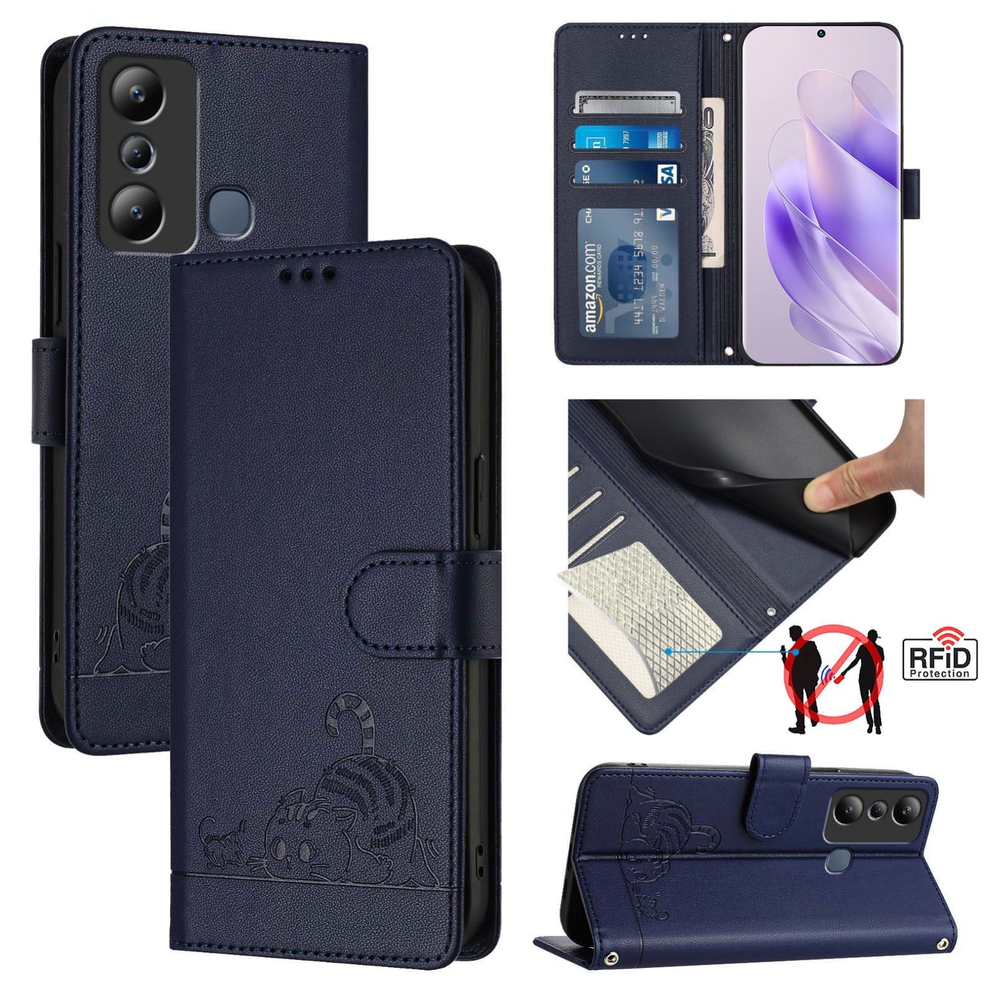 Infinix Hot 20I X665E Cat and Mouse Embossed PU Leather RFID Case with Wallet Slots, Anti-Fall Protection, Kickstand, and Lanyard-buycases.co.uk