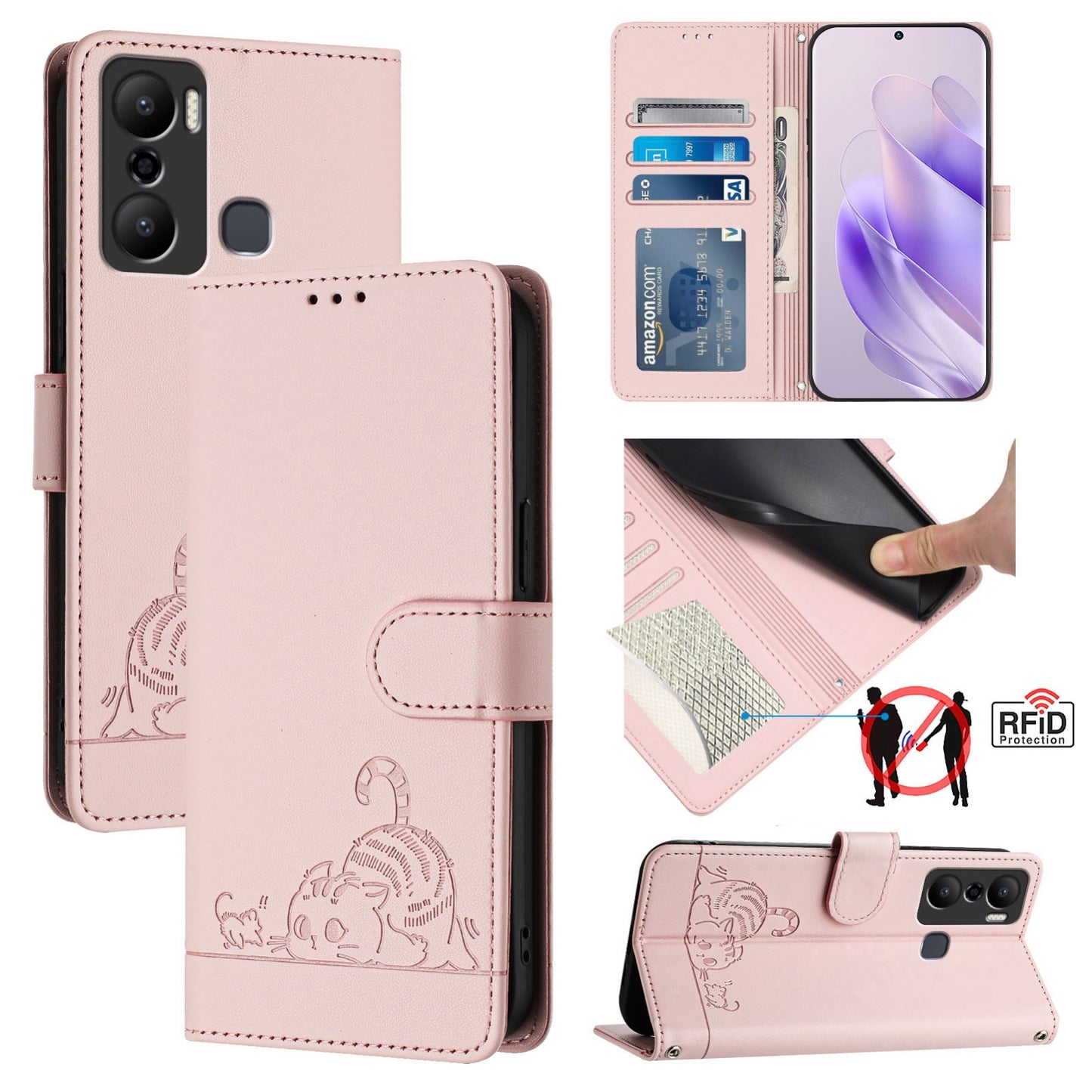 Infinix Hot 20 Play Cat and Mouse Embossed PU Leather RFID Case with Wallet Slots, Anti-Fall Protection, Kickstand, and Lanyard-buycases.co.uk