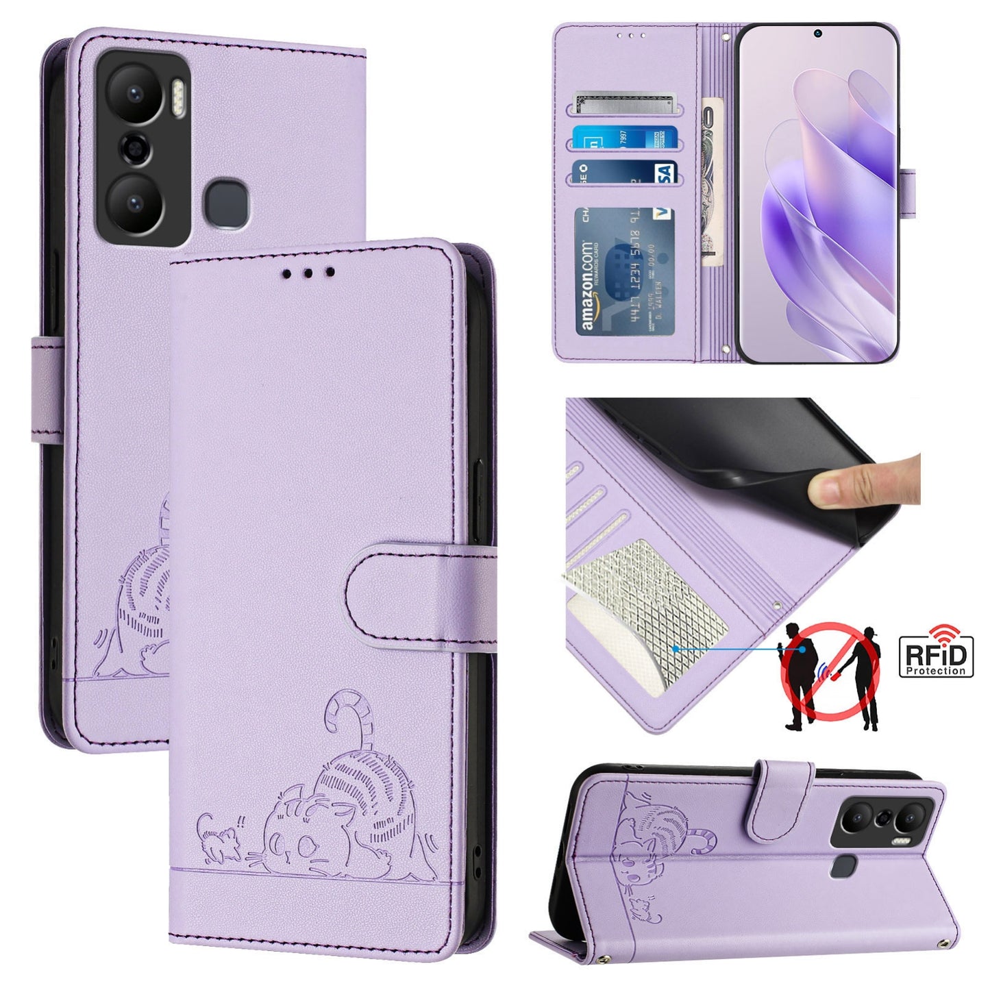 Infinix Hot 20 Play Cat and Mouse Embossed PU Leather RFID Case with Wallet Slots, Anti-Fall Protection, Kickstand, and Lanyard-buycases.co.uk