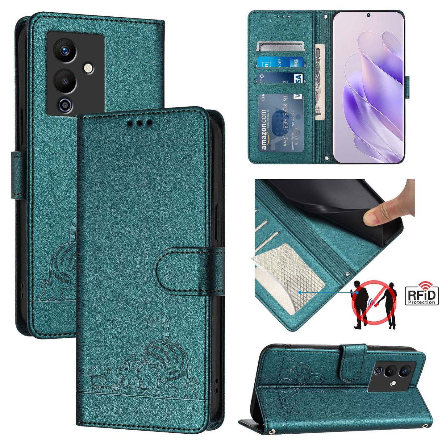 Infinix Note 12 Pro 5G Cat and Mouse Embossed PU Leather RFID Case with Wallet Slots, Anti-Fall Protection, Kickstand, and Lanyard-buycases.co.uk