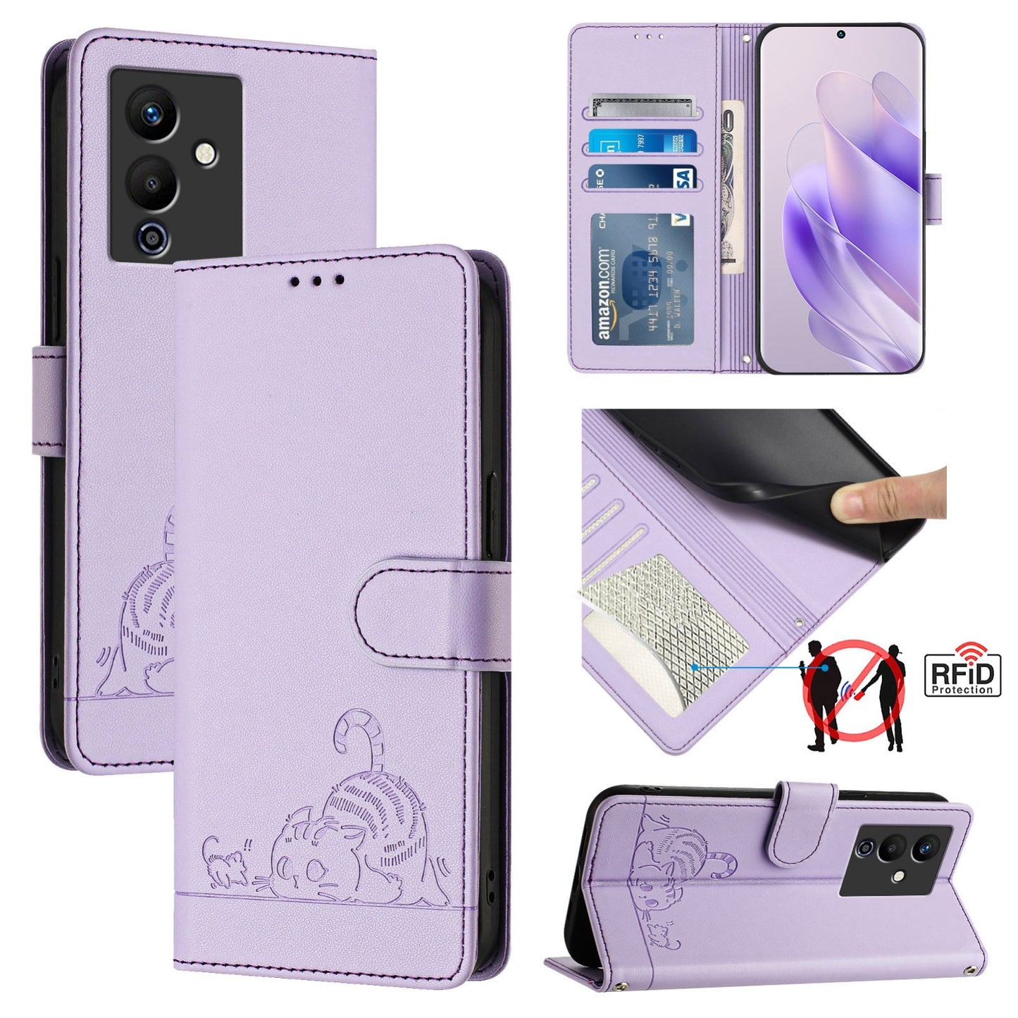 Infinix Note 12 5G Cat and Mouse Embossed PU Leather RFID Case with Wallet Slots, Anti-Fall Protection, Kickstand, and Lanyard-buycases.co.uk
