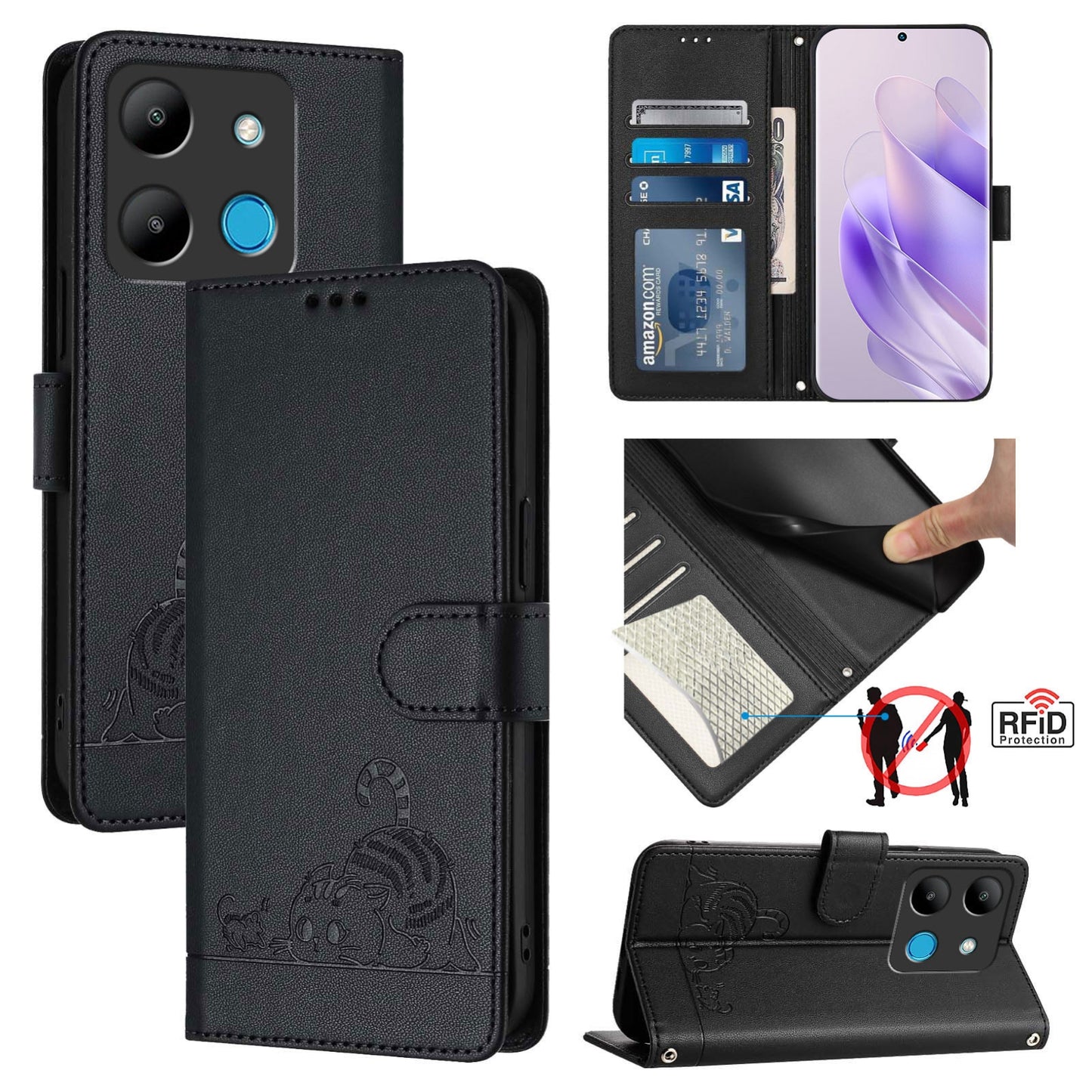 Infinix Smart 7 India Cat and Mouse Embossed PU Leather RFID Case with Wallet Slots, Anti-Fall Protection, Kickstand, and Lanyard-buycases.co.uk