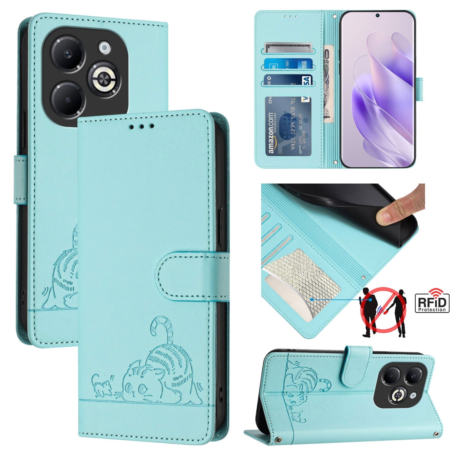 Infinix Smart 8 Plus Cat and Mouse Embossed PU Leather RFID Case with Wallet Slots, Anti-Fall Protection, Kickstand, and Lanyard-buycases.co.uk