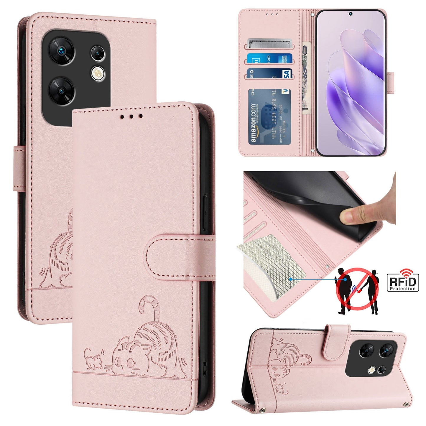 Infinix Zero 30 4G Cat and Mouse Embossed PU Leather RFID Case with Wallet Slots, Anti-Fall Protection, Kickstand, and Lanyard-buycases.co.uk
