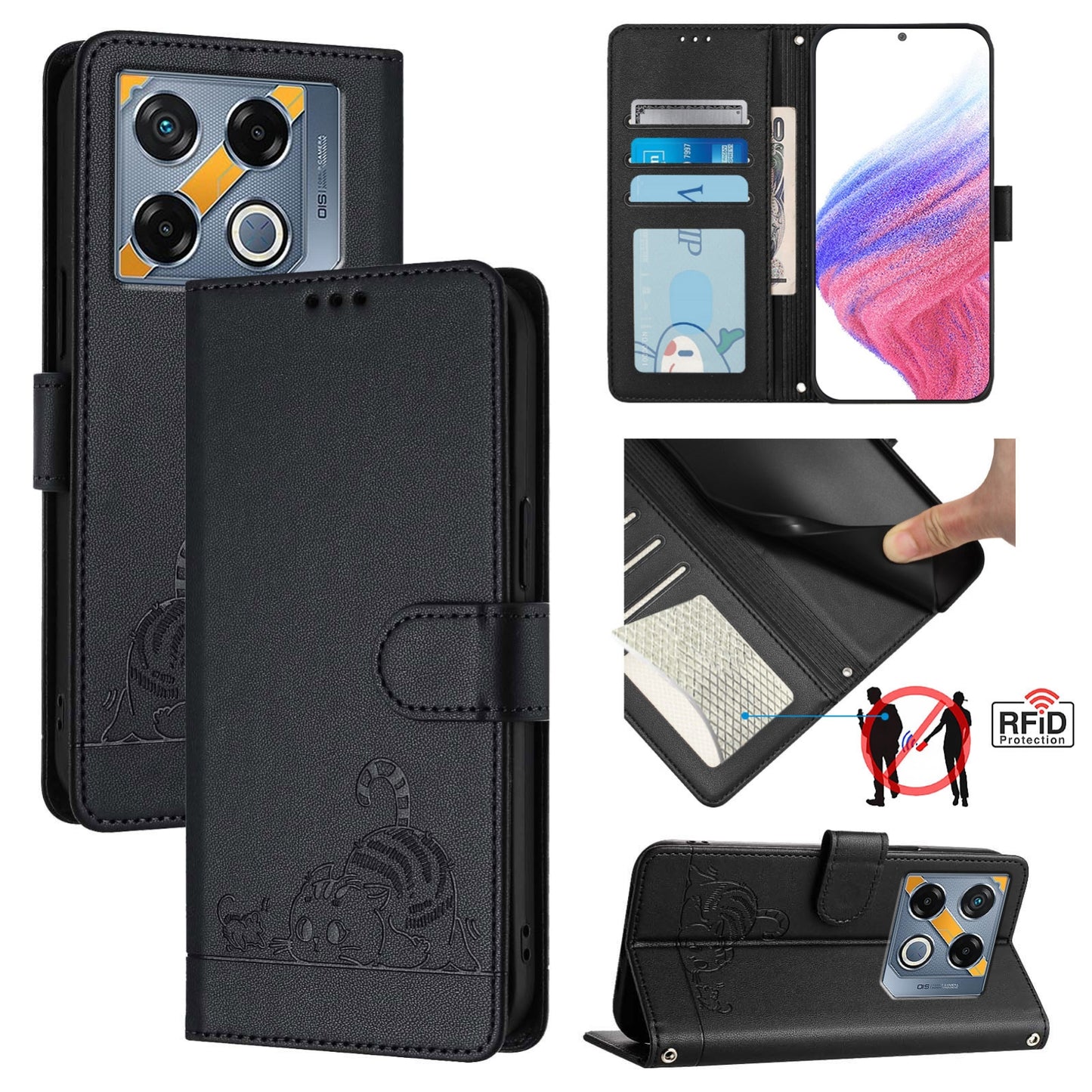 Infinix GT 20 Pro X6871 Cat and Mouse Embossed PU Leather RFID Case with Wallet Slots, Anti-Fall Protection, Kickstand, and Lanyard-buycases.co.uk