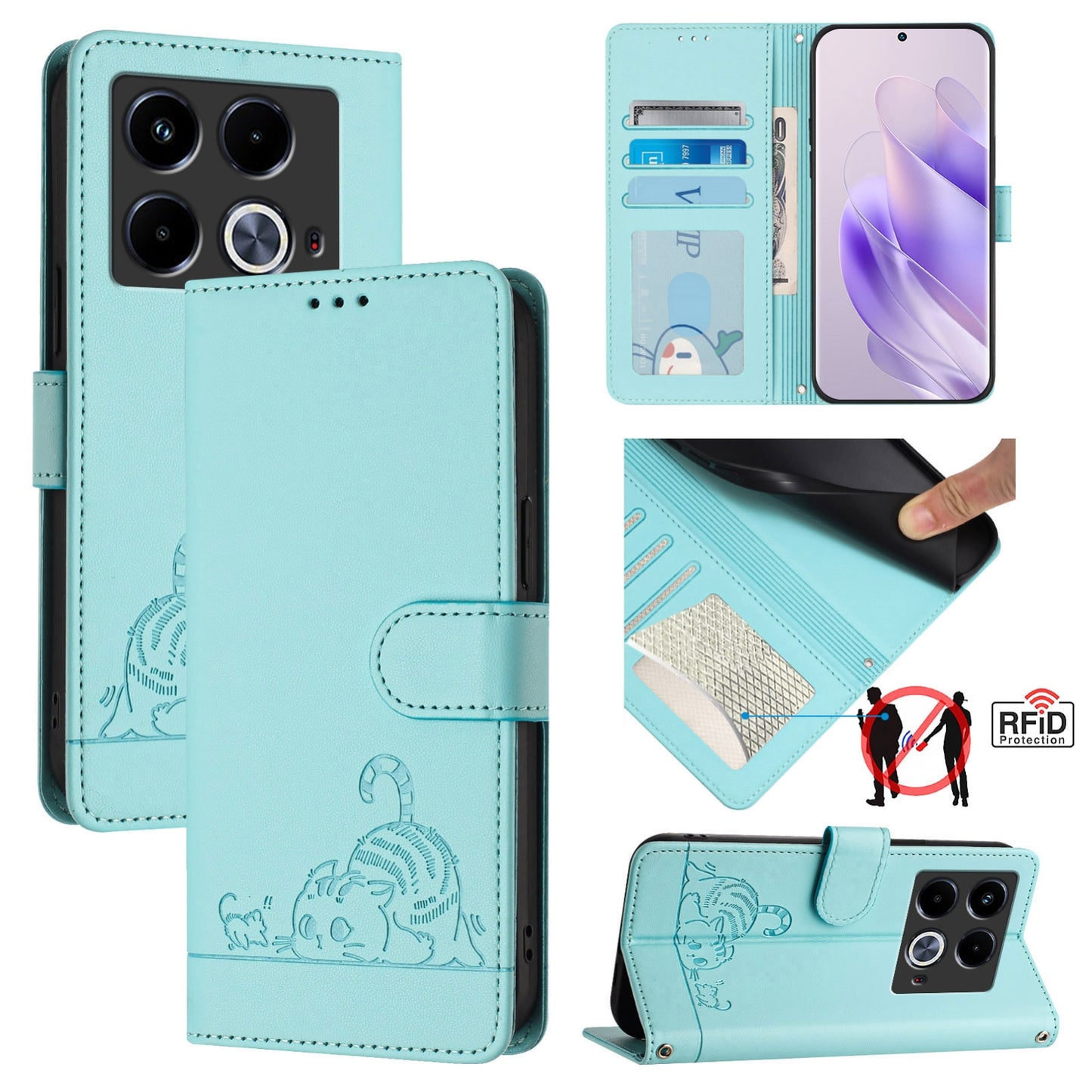 Infinix Note 40 5G Cat and Mouse Embossed PU Leather RFID Case with Wallet Slots, Anti-Fall Protection, Kickstand, and Lanyard-buycases.co.uk