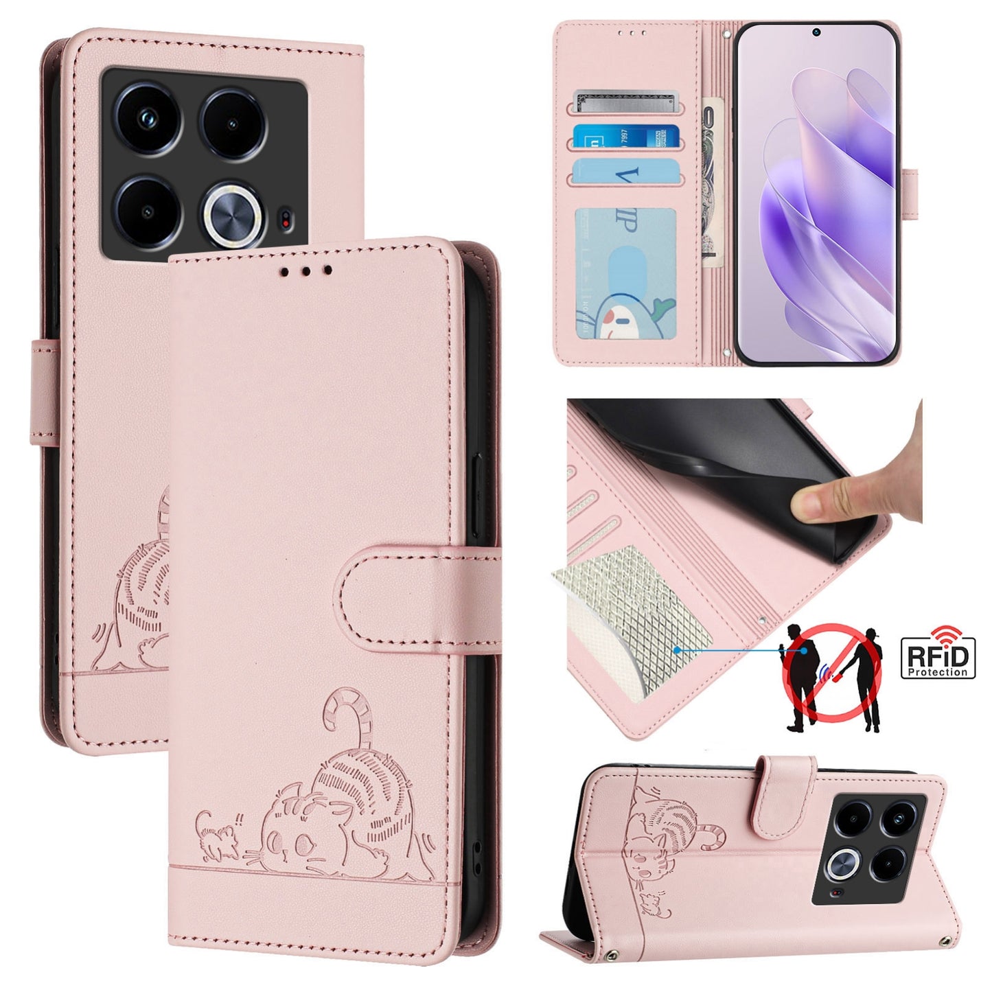 Infinix Note 40 5G Cat and Mouse Embossed PU Leather RFID Case with Wallet Slots, Anti-Fall Protection, Kickstand, and Lanyard-buycases.co.uk